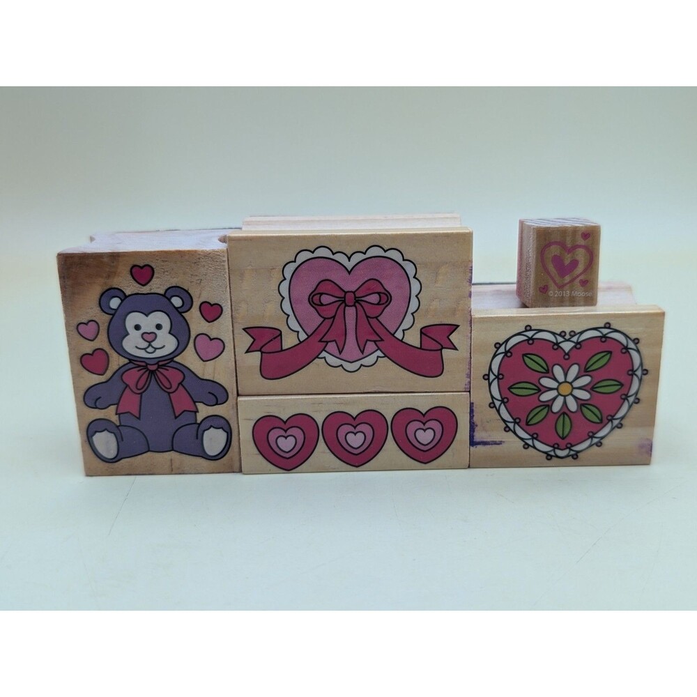 Wood Mounted Rubber Stamp Lot 5pc Hearts Teddy Bear Valentine Crafting